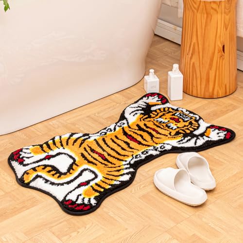 Tibetan Tiger Rug, Orange Tiger Bath Mat Fun Cute Animal Rug | 24 x 40 In, Soft Plush Pile, Non-Slip Backing, Washable, Irregular Shape, Bedroom and Living Room Floor Accent - color: Orange