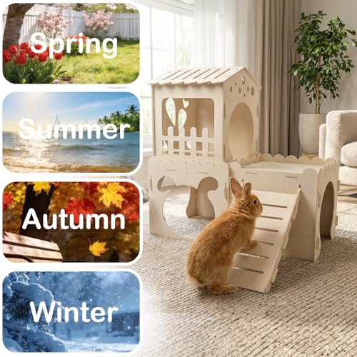 Extra Large Rabbit Castle, Wooden Bunny House &,Detachable Rabbit Hideaway, Indoor Hamster Castle with Ramp, Small Animal Houses & Habitats for Guinea Pig Chinchilla Ferret(3 House) - size: Extra Large-3House