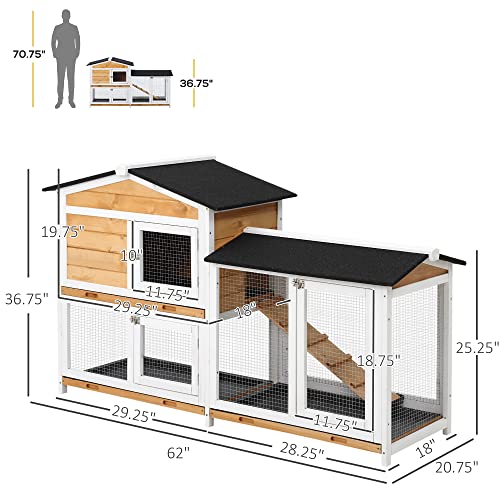 PawHut 62" Rabbit Hutch, Wooden Bunny Hutch, Guinea Pig Cage, Small Animal Enclosure with Run Area, Removable Tray, Asphalt Roof, Lockable Doors and Ramp, Nature Wood | Wooden Bunny Hutch, Guinea Pig Cage, Small Animal Enclosure, Removable Tray, Asphalt R