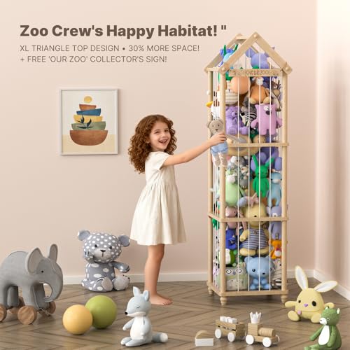 Stuffed Animal Storage Zoo, 65" Extra Large Wooden Plush Toy Organizer, Solid Pine Toy Holder with 3D Sign & Sturdy Base, Vertical Corner Stuffed Animal Cage for Nursery Playroom - size: XLL