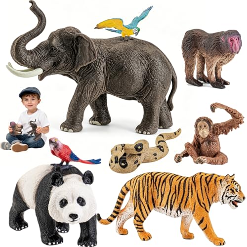 8Pcs Solid Safari Animals Figures Zoo Animals Toys for Kids 3-5 | Plastic Jungle Animals Figurines, Elephant, Panda, Tiger, Macaw, Parrot, Snake, Orangutan, Monkey - style: 8Pcs Zoo Animals