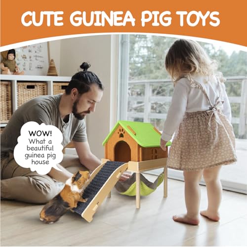 BESNEW 3 in 1 Enlarged Guinea Pig Hammock with House & Platform,Wooden Guinea Pig Hideout with Hammock & Stairs Small Animal Toys for Hiding Sleeping Activities - style: Hammock with ramp & house