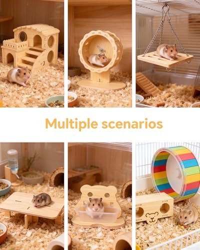 6 PCS Wooden Hamster Cage Accessories Toys Set, Hamster House Hideout, Platform, Silent Wheel, Feeding Box, Swing & Seesaw Toys, Cute Habitat Decor for Syrian Dwarf Hamsters and Gerbil