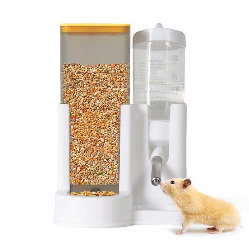 Hamster Water Bottle Standing Water Dispenser No Drip 2 in 1 Large Capacity Small Animal Automatic Food Bowl for Cage Accessories for Hamsters Gerbils Mice (Yellow, 5.91 in X 4.13 in X 4.33 in)