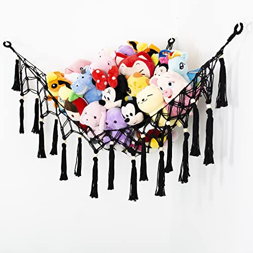 Large Stuffed Animal Net Toy Hammock with Tassel-Corner Hanging Net for Plush Toy Holder Boho Macrame Toy Display,Toy Storage Organizer for Kids Room, Nursery, Bedroom