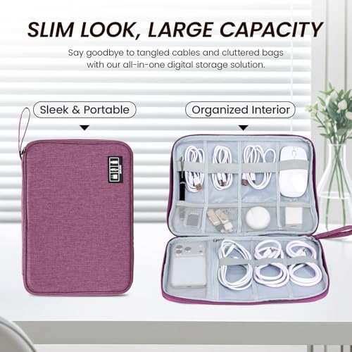 Cable Organizer Bag, Electronics Organizer Case for Tech Accessories | Store chargers, cables, power banks and adapters with elastic loops, mesh pockets and organized compartments for travel. - color: purple, size: L