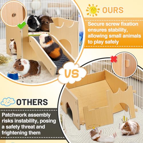 MEWTOGO Upgraded Sturdy Wooden Guinea Pig Castle with Stairs & Mat | Easy to Assemble, Sturdy, Playing Hiding House, for Hamsters Bunny Chinchillas Small Animals - size: Small