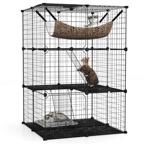 Tangkula Cat Cages Indoor, 3-Tier Cat Enclosure with Skylight, Extra Large Hammock, 2 Ladders, Detachable Metal Wire Kennel with 3 Lockable Doors, DIY Cat Crate & Pet Playpen Catio for 1-3 Cats Kitten - size: 29.0"L x 29.0"W x 42.0"H