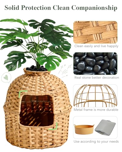 SETVSON Cat Litter Box Enclosure Plant, PE Rattan Kitty House, Natural | Decorative Planter Design, Waterproof Inner PVC Liner, Includes Artificial Plants, Real Stones, Litter Mat, 20x20 Inches - color: Natural(with Litter Mat)