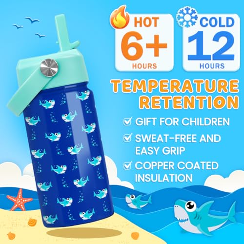 SANDJEST Shark Water Bottle - Kids Water Bottle with Straw Lid - 12 Oz Insulated Stainless Steel Water Bottles for Kid Boy- Travel Cup for School Sports - color: Shark 3