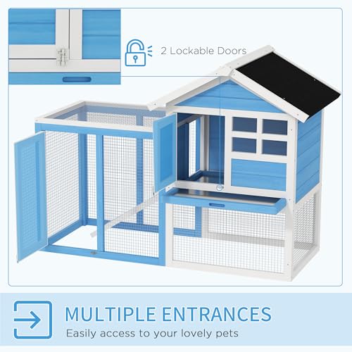 PawHut 49" Wooden Rabbit Hutch Bunny Cage with Fun Outdoor Run Light Blue | Waterproof Asphalt Roof, Removable Tray and Ramp, for Rabbits, Chickens, Ducks - color: Light Blue