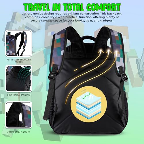 AI ACCESSORY INNOVATIONS Minecraft Backpack for Kids, Pixelated Block Print Design with Adjustable Straps, 16 Inch Rectangular Daypack, 3 Zippered Compartments, Water Repellent Polyester - color: Minecraft