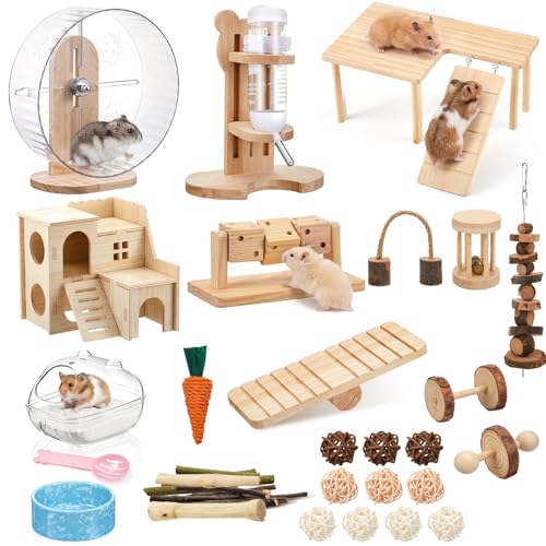 40 Pcs Hamster Cage Accessories, 9.5'' Exercise Wheel, Wood Platform Hideout House, Water Bottle, Sand Bath, Bowl, Chew Toys for Syrian Hamsters Mice Gerbils Habitat Decor(Interactive Style) - style: Interactive style