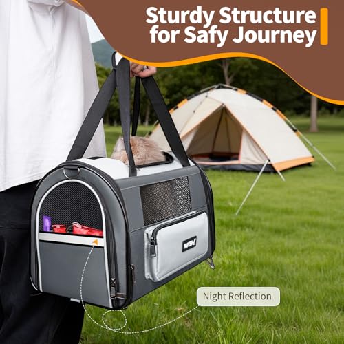 Collapsible Small Pet Carrier for Cat 15 lbs with Fashion Pocket Travel Bag | Lightweight Sturdy Little Puppy Dog Carry Crate, Breathable Stylish Kitten Soft Cage Kennel, Portable Yorkie Box Grey - color: Grey