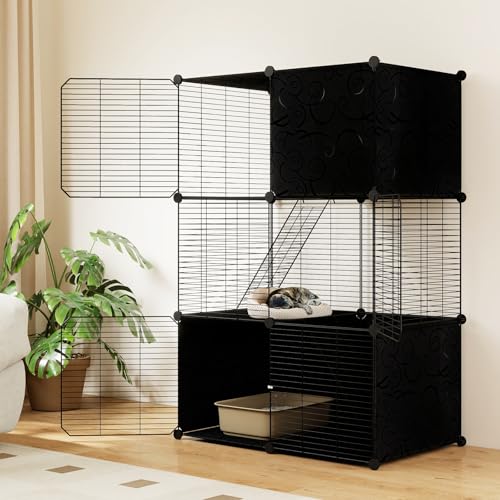 PETSITE Cat Cages Indoor, 3-Tier DIY Cat Enclosure with 2 Ladders, Detachable Metal Wire Kennel Catio with 3 Lockable Doors, Ideal for 1-3 Cats or Other Small Animals, 29 x 18.5 x 43 in