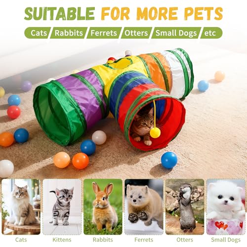 Cat Tunnel,Cat Tunnels for Indoor Cats Interactive, Pet Tunnel Toys for Cats Kitten Rabbits,3 Way Collapsible,Rainbow L 32" T Shape - color: Mini Cat Tunnel Toy Rainbow