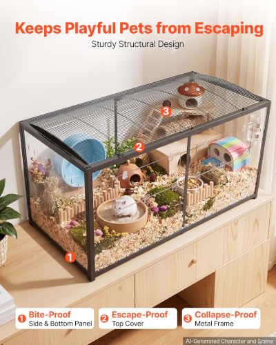 VEVOR Hamster Cage 47.2"x23.6"x25.4" 360° Viewing Metal Hamster Habitat, Transparent Small Animal Cage with Top Access & Front Door, Large Portable Pet House for Guinea Pig, Gerbil (7.7 ft², Black) - size: 47.2"L x 23.6"W x 25.4"H