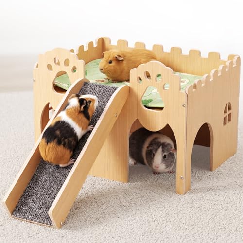 Guinea Pig Castle Extra Large, Sturdy Wooden Hideout House Ventilated Multi-Entry Small Animal Habitat, Easy to Assemble for Guinea Pigs, Bunnies, Hamsters, and Chinchillas