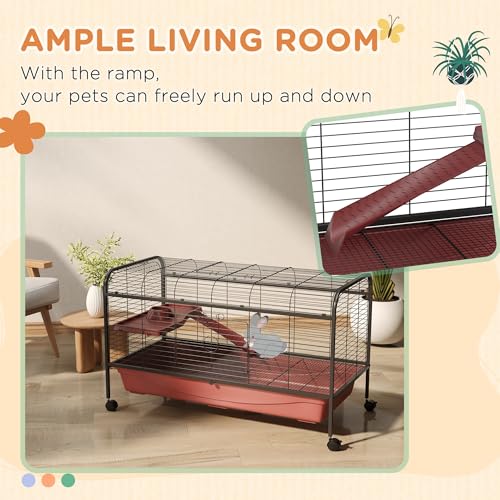 PawHut 48" L Small Animal Cage, Rabbit Hutch, or Ferret Pet Play House with Feeder, Rolling Wheels, Platform, Ramp | Ferret Pet Play House, Platform, Ramp - size: 48.0"L x 23.3"W x 28.8"H
