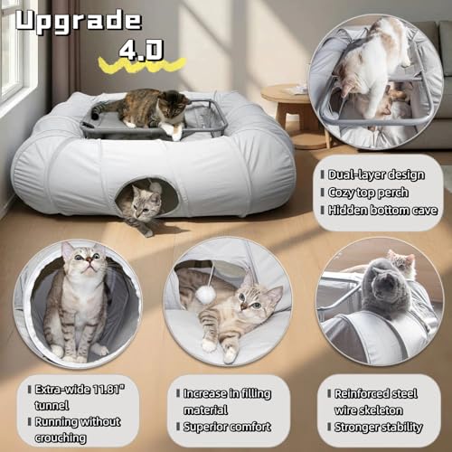 XxingSheep 2-Tier Cat Tunnel & Hammock Bed XXL, 4 Cave Shuttle with Elevated for Multiple Cats Toy Light Grey - color: Light Gray, size: Extra Extra Large