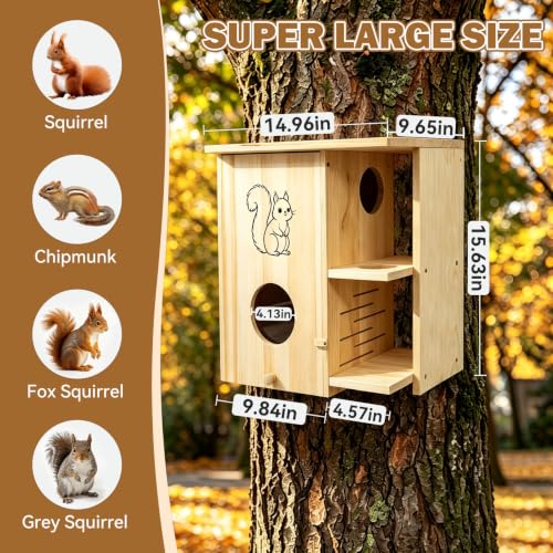 Large Squirrel House for Outside with Window, Wooden Squirrel Nesting Box | observation window, Dual Balconies, Lockable Front Panel, Extend the Eaves