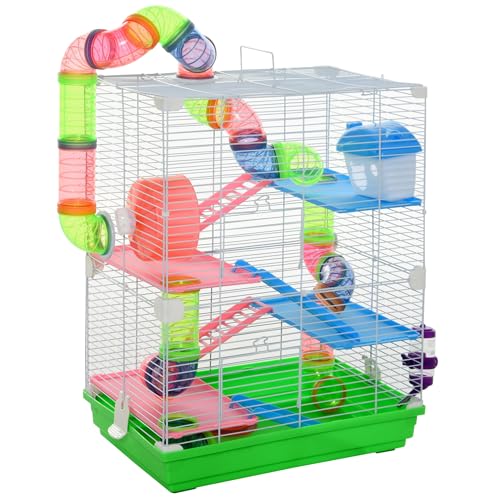 PawHut 18" 5 Tier Hamster Cage w/Tubes and Tunnels for Gerbil Green&White | Small Animal Cage, Portable Carry Handle, Water Bottle, Food Dish, Exercise Wheel - color: Green and White