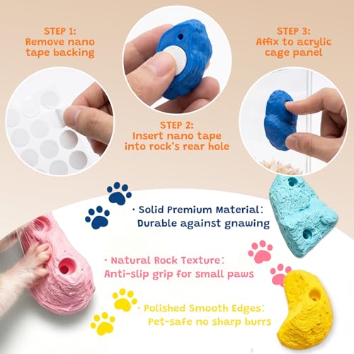 16 PCS Hamster Climbing Wall Toys, 8 Assorted Shapes & Colors Smooth Bite Resistant Climbing Holds, Traceless Adhesive Small Animal Cage Enrichment for Syrian Dwarf Hamsters, Gerbils & Mice