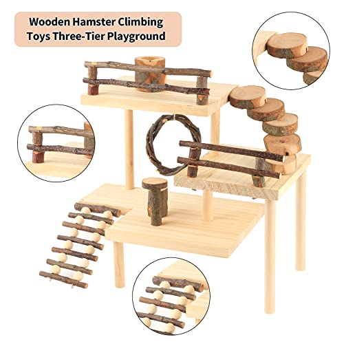 Hamster Climbing Toys 3-Tier Extra Large Hamster Playground Natural Wooden Small Animal Platform Toys Hamster Exercise Activity Climbing Platform with Bridge for Gift