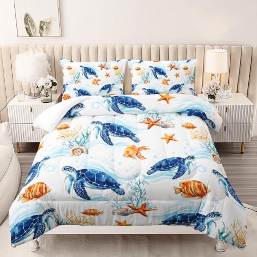 AILONEN Ocean Turtle Seashell Queen Comforter Set, Coastal Animal Bedding Pack with 2 Pillowcases, Master Bedroom - color: Sea10, size: Queen
