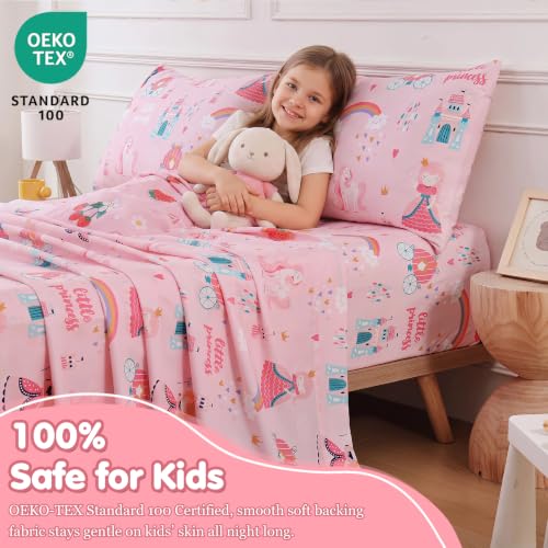 Twin Sheet Set for Girls, Pink Princess Themed Kids Bed Sheets 3 Pieces | Soft Breathable Printed Microfiber Bed Sheet for Kid Room,Fitted Sheet with 15 inch Deep Pocket and Pillowcase Set - color: Princess, size: Twin