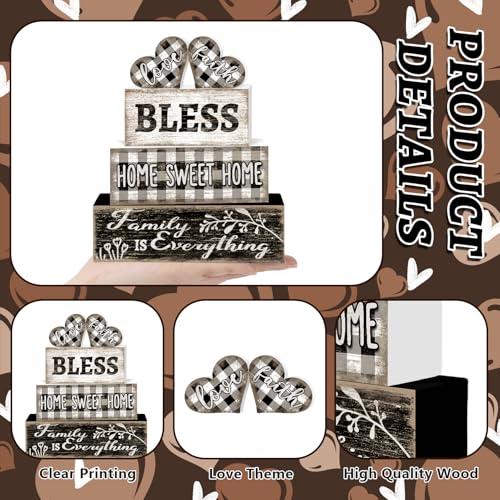 Tiered Tray Decor Set, 4 Pcs, Wooden, for Home Kitchen, Hearts | Checkered Sweet Home, Farmhouse Rustic Summer Coffee Table Centerpieces Office Decorations - style: Heart
