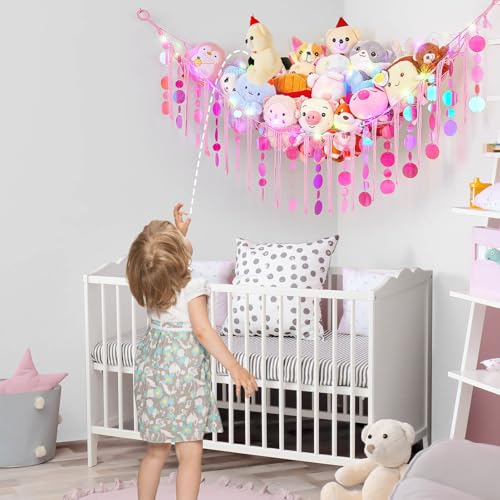 FIOBEE Stuffed Animals Hammock Net Toy Storage Organizer with LED Light, Stuffed Animals Storage Girls Room Décor Wall Hanging with Sequins for Kids Bedroom Nursery Playroom, Light Pink