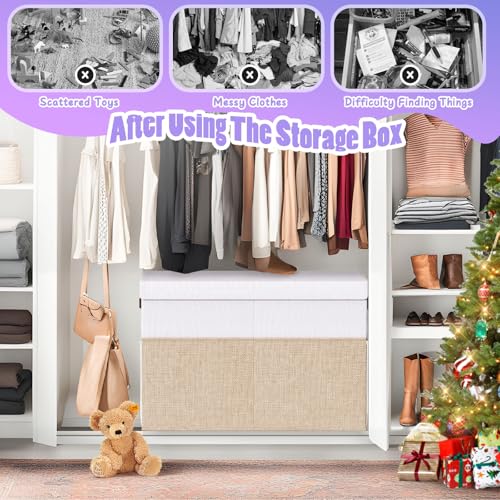 Large Toy Storage Box with Lid & Dividers, Kids Toy Chest, Beige and White | Toy Box for Boys, Girls, Nursery, Bedroom, Living Room, Playroom, 25 x 13 x 16 inches - color: Large Beige and White