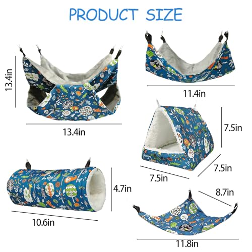 kathson 5 PCS Guinea Pig Hammock Set, Washable Rat Hammock, Guinea Pig Hideout Bed Soft Hamster Hanging Tunnel Mats Small Pets Cage Accessories for Chinchilla, Sugar Glider, Squirrel(Blue) - color: Blue