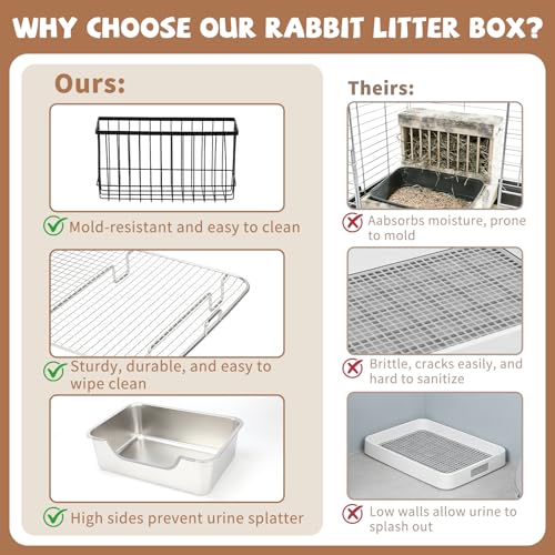 BWOGUE Large Stainless Steel Rabbit Litter Box, High-Sided Bunny Litter Box | Extra Large Rabbit Litter Box, Raised Grid for Waste Separation, Hay Feeder, Easy-Clean Metal Tray, Small Animals - size: XL:23.6in ×15.7in × 5.9inches