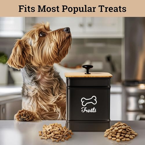 Dog Treat Container with Airtight Bamboo Lid, 5"W x 7"H, 7 Cup Capacity | Fits Most Popular Treats, 7 Cups Capacity, Airtight Bamboo Lid, Easy Open Metal Lid Handle, Dent-Resistant Durable Metal - color: Black - Small