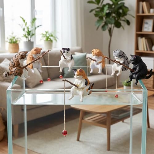 Cute Cat Fishing Figurines for Cat Fish Tank, 7PCS Mini Resin Cat Aquarium Decorations, Funny Fish Tank Decor, Small Aquarium Ornament, Miniature Garden Decor for Cat Lovers