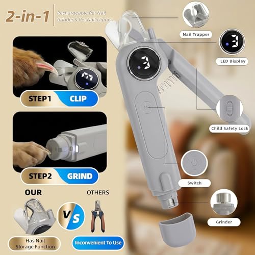 2-in-1 Quiet Electric Pet Nail Clipper & Grinder with Light for Dogs Cats | 3-Speed Grinding, Nail Catcher, Safety Guard, Low-Noise Motor, USB Rechargeable Design for Stress-Free Home Grooming - color: gray
