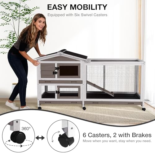 62″ 2-Story Large Rabbit Hutch with Chew-Proof Ramp, 3 Leakproof Trays, Waterproof Roof, 6 Lockable Wheels for Rabbits & Guinea Pigs (Brown) - color: (Brown)