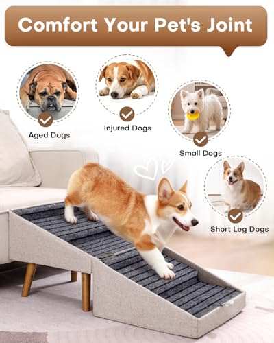 Split Ottoman Dog Ramp for Couch and Bed,17.13" H Dog Stairs for Small Dogs and Cats, Foldable 2 in 1 Pet Steps for Medium Large Dogs and Puppy, Non-Slip Wooden Doggie Steps - size: 17.13" H- Apricot