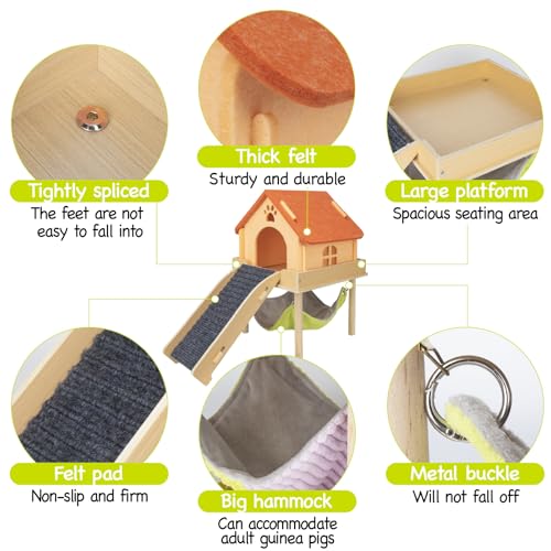 BESNEW 3 in 1 Enlarged Guinea Pig Hammock,Wooden Guinea Pig Hideout with House & Platform & Stairs Small Animal Toys for Hiding Sleeping Activities - color: Orange Roof