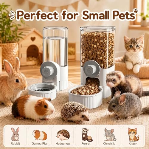 Automatic Rabbit Feeder and Water Dispenser Set,40oz Gravity Food Feeder&17oz Leak-Proof Water Bottle for Guinea Pigs,Hamsters,Chinchillas,Ferrets,Small Animals,Cage Mount Feeding Station white