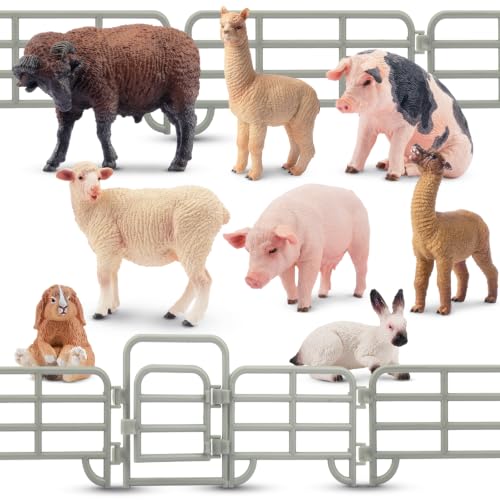 Toymany Realistic 17PCS Farm Animal Figurines Set with Fence, Includes Pigs, Sheeps, Alpaca and Rabbits Figures, Educational Toy Easter Bunny Figures Cake Toppers Birthday Gift for Kids Toddlers - style: Farm Set (17PCS)