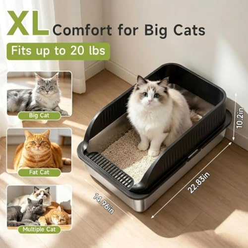 Stainless Steel Litter Box with High Sides, Include Scoop, Black | Easy Cleaning Anti-Urine Leakage Non-Sticky Open Top Low Entry - color: Black XL