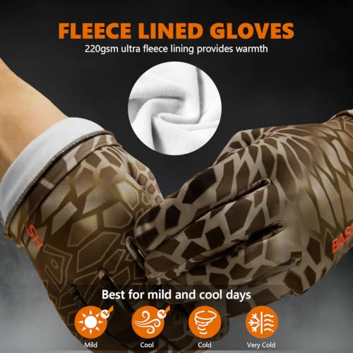 BASSDASH Unisex Fleece Liner Lightweight Camo Hunting Gloves HG07 | Stretch Fleeced Warm Anti-Slip Gloves with Touchscreen for Men Women Cool Weather Shooting Photography Fishing - color: Highland Ⅱ, size: Small