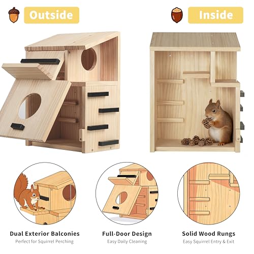 Large Wooden Squirrel House for Outside, Squirrel Nesting Box with Window | Dual Balconies,Observation Window, Squirrel Feeder, and Squirrel Box with Multi-Level Platforms for Nesting & Shelter