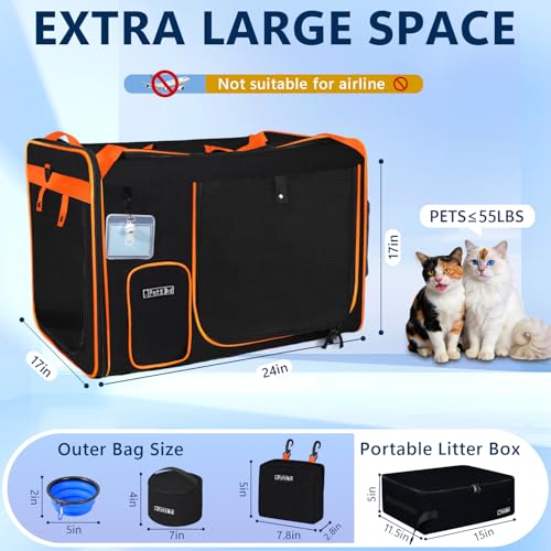 Extra Large Cat Carrier with Litter Box for Car Travel, Black | 24"L x 17"W x 17"H, Lockable Safety Zippers and Seatbelt Loops, for 1 Medium-Large Cat or 2 Small Cats Under 55 lbs - color: Black