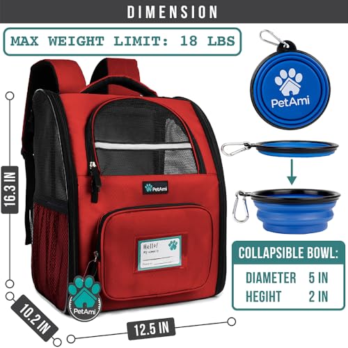PetAmi Dog Backpack Carrier Airline Approved Cat Pet Puppy Bag, Red | Ideal for Small Medium Large Pet up to 18 lb, 2 Side Entry Structured No-Collapse Frame, Ventilated Bookbag for Hiking Travel - color: Red