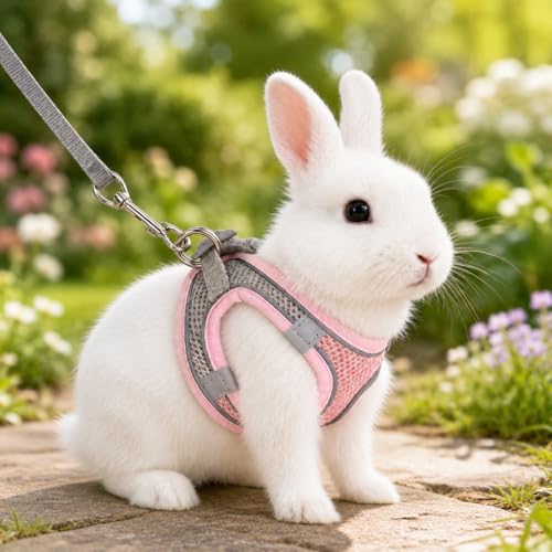 Bunny Harness and Leash Set Soft Breathable Rabbit Harness Eescape Proof Walking Training Rabbit Pet Vest Adjustable Mesh Vest HarnessCostume for Rabbits Ferret Small Pig Puppy Hamster