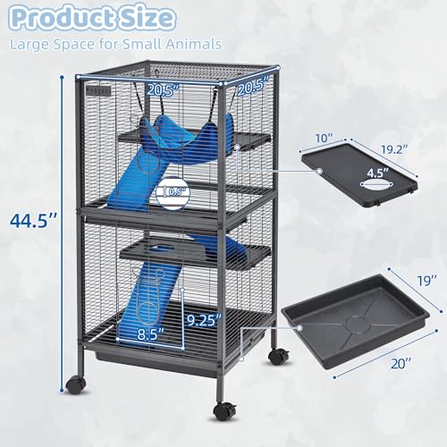 Fragess Small Animal Cage, 45''H Large Metal Rolling 4-Tiers Guinea Pig Cage, Ferret Cage, Rabbit Cage, Chinchilla Cage for Rats/Hamsters, 0.5'' Bar Spacing with Removable Ramp & Platform (Medium)